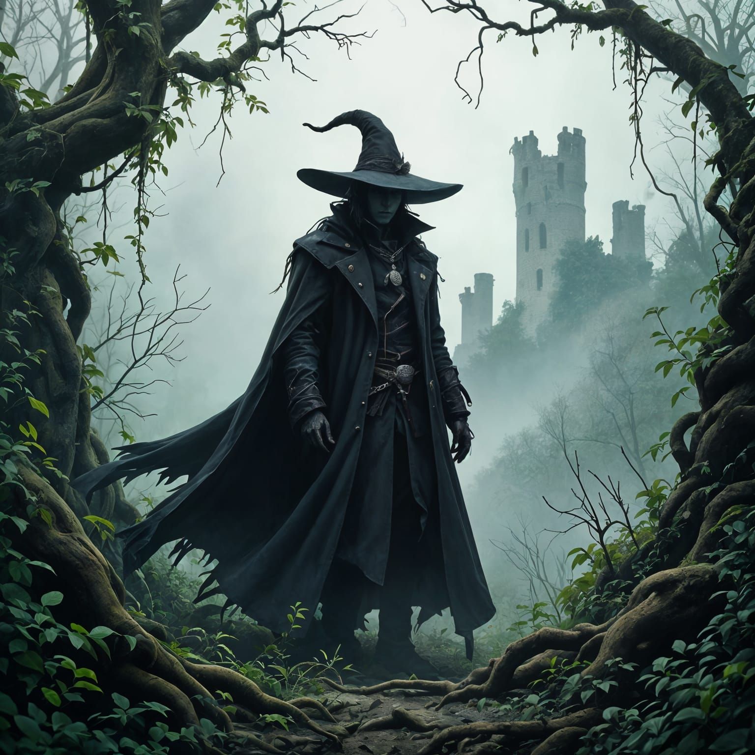 Tiefling Warlock in Overgrown Forest, Atmospheric Style