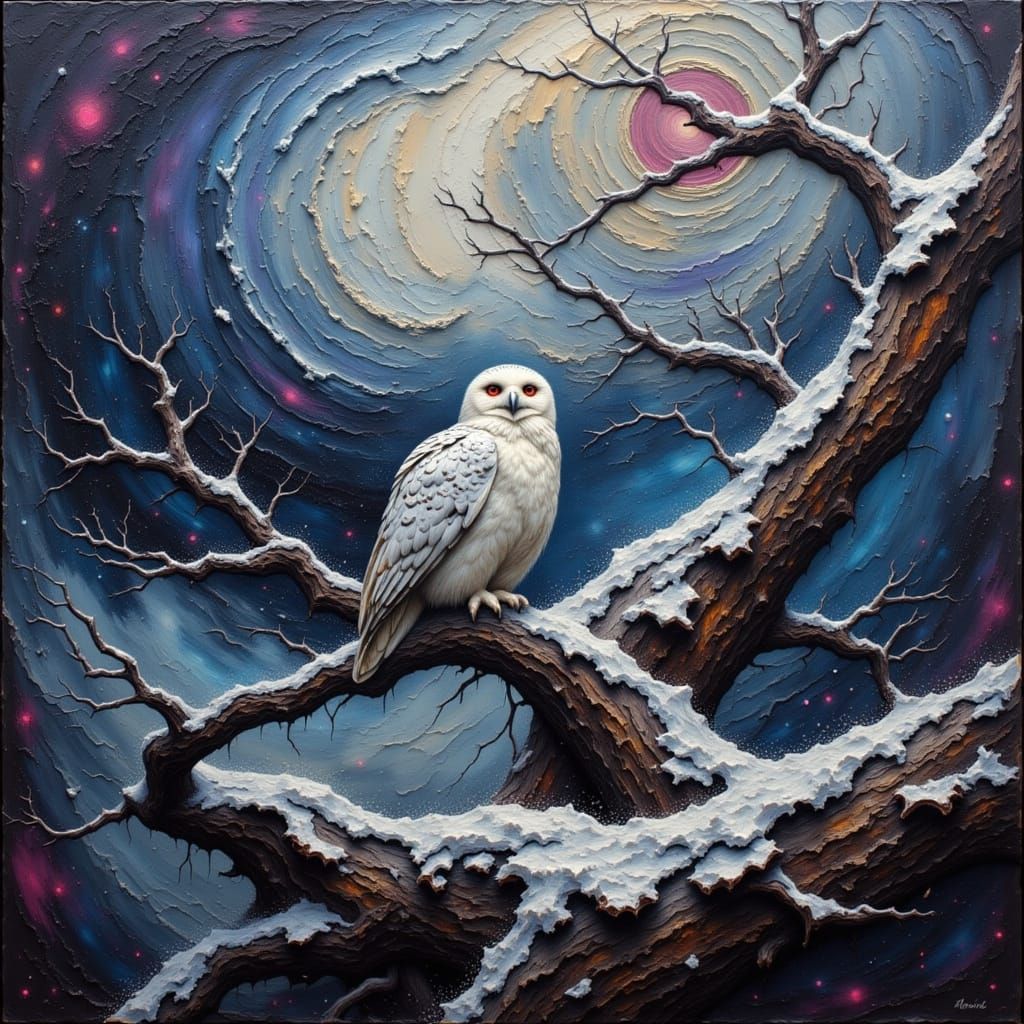 Majestic Snowy Owl with Glowing Red Eyes on Ancient Branch
