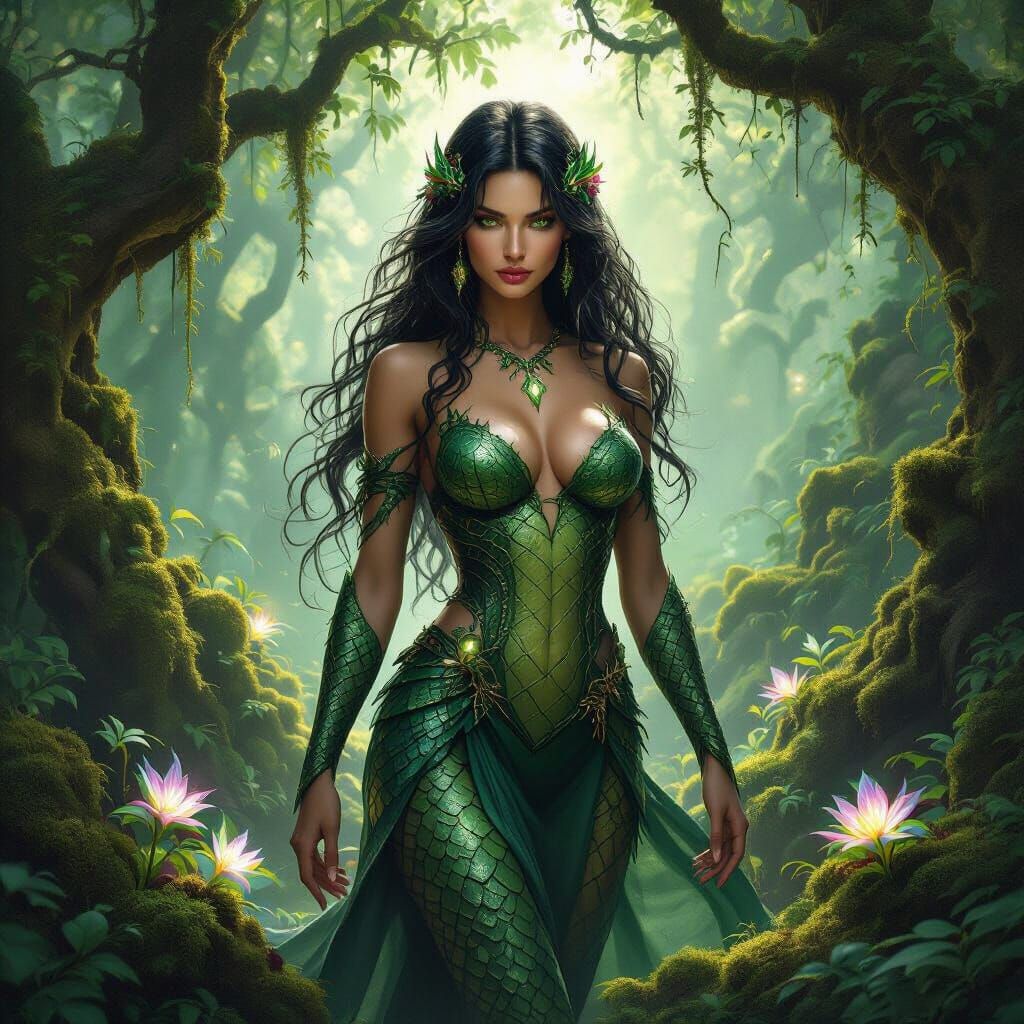Enchanting Serpent Woman in Bioluminescent Forest