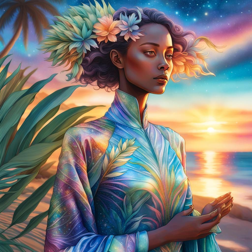 Alien Woman on Seashore in Surreal Astral Illustration