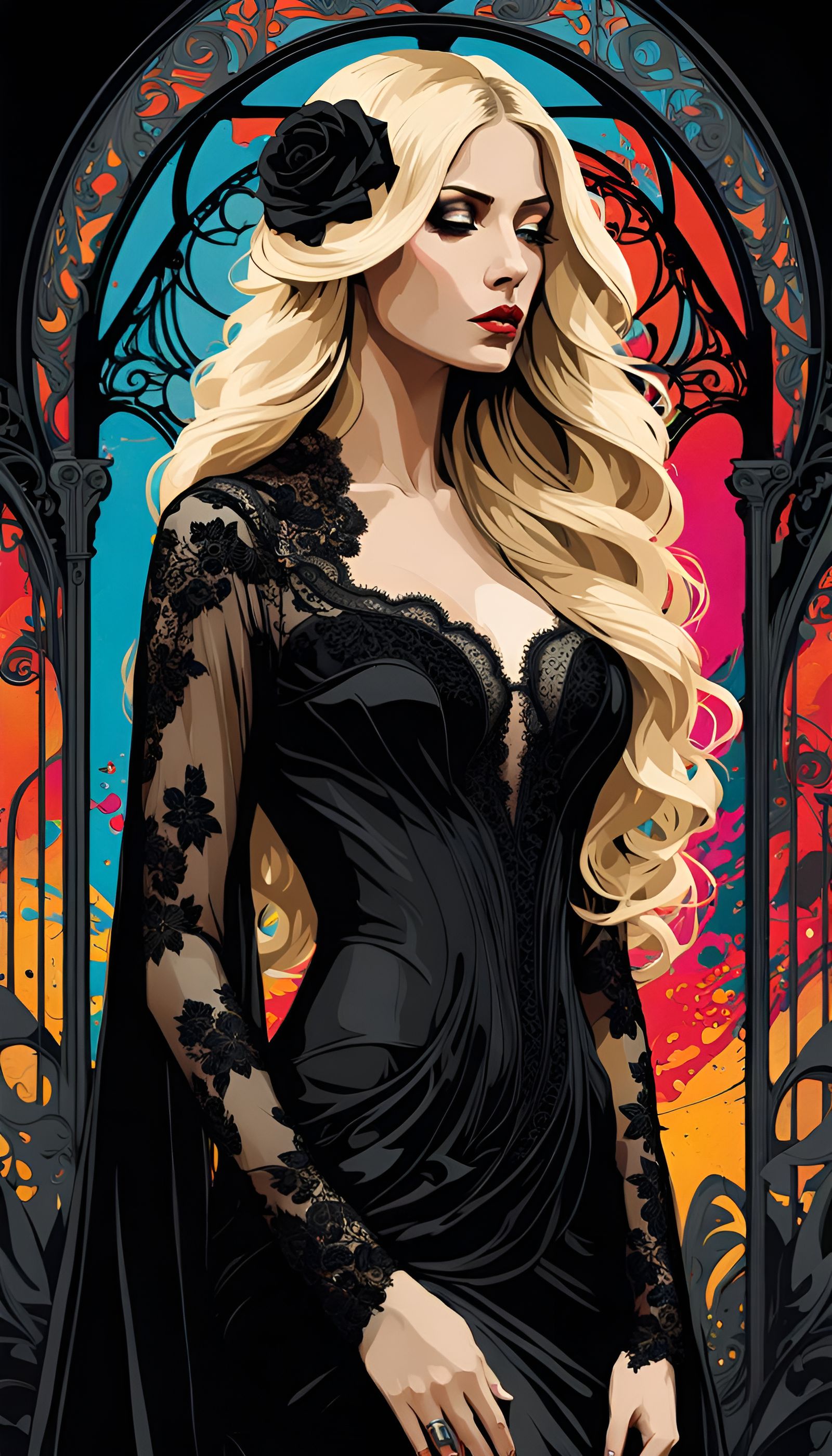 Art Nouveau Woman in Black Veil, Graffiti Art