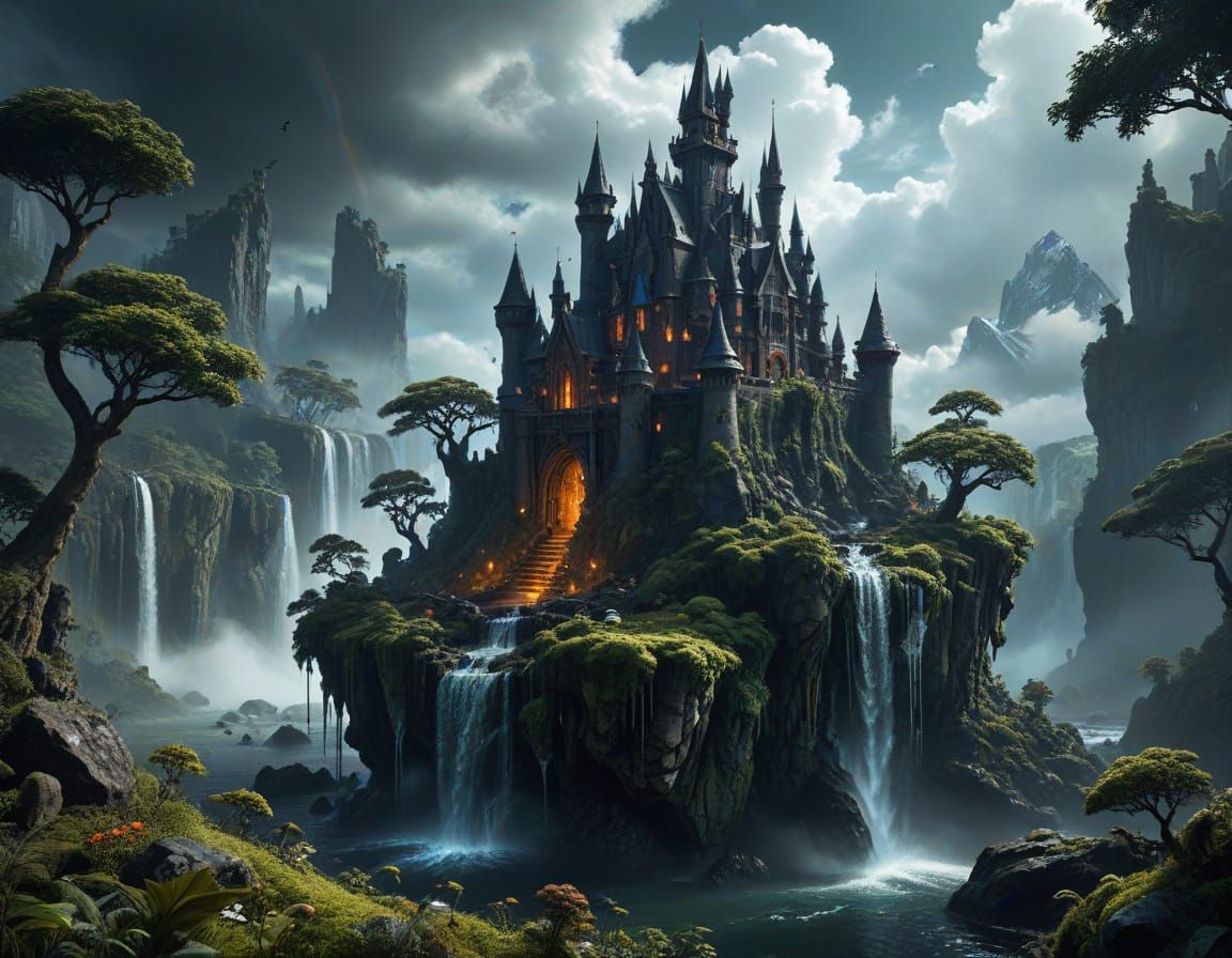 Majestic Obsidian Crystal Castle on Floating Island