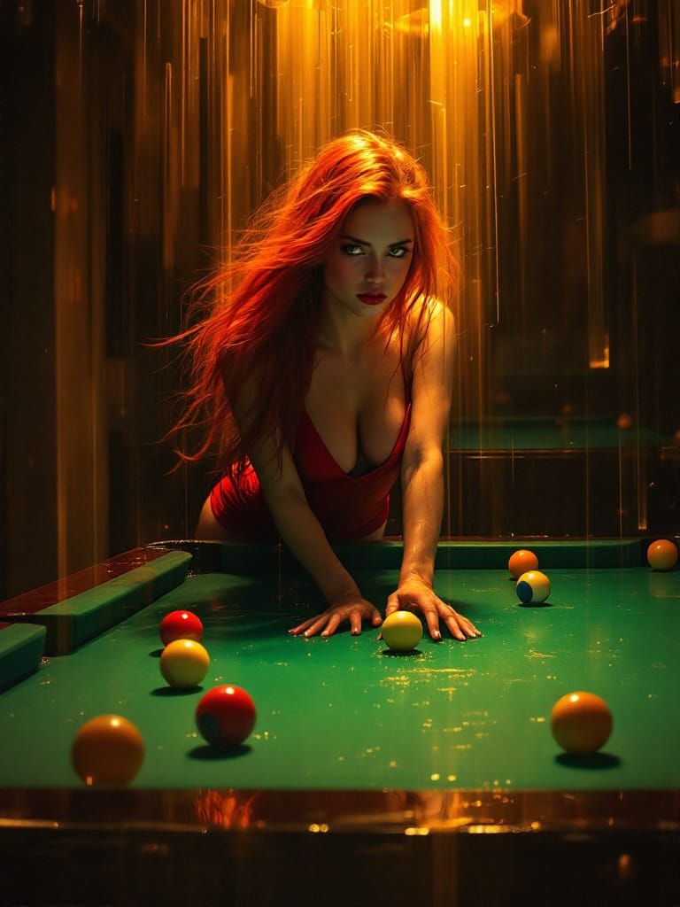Red-Haired Woman with Pool Cue in Luminous Twilight
