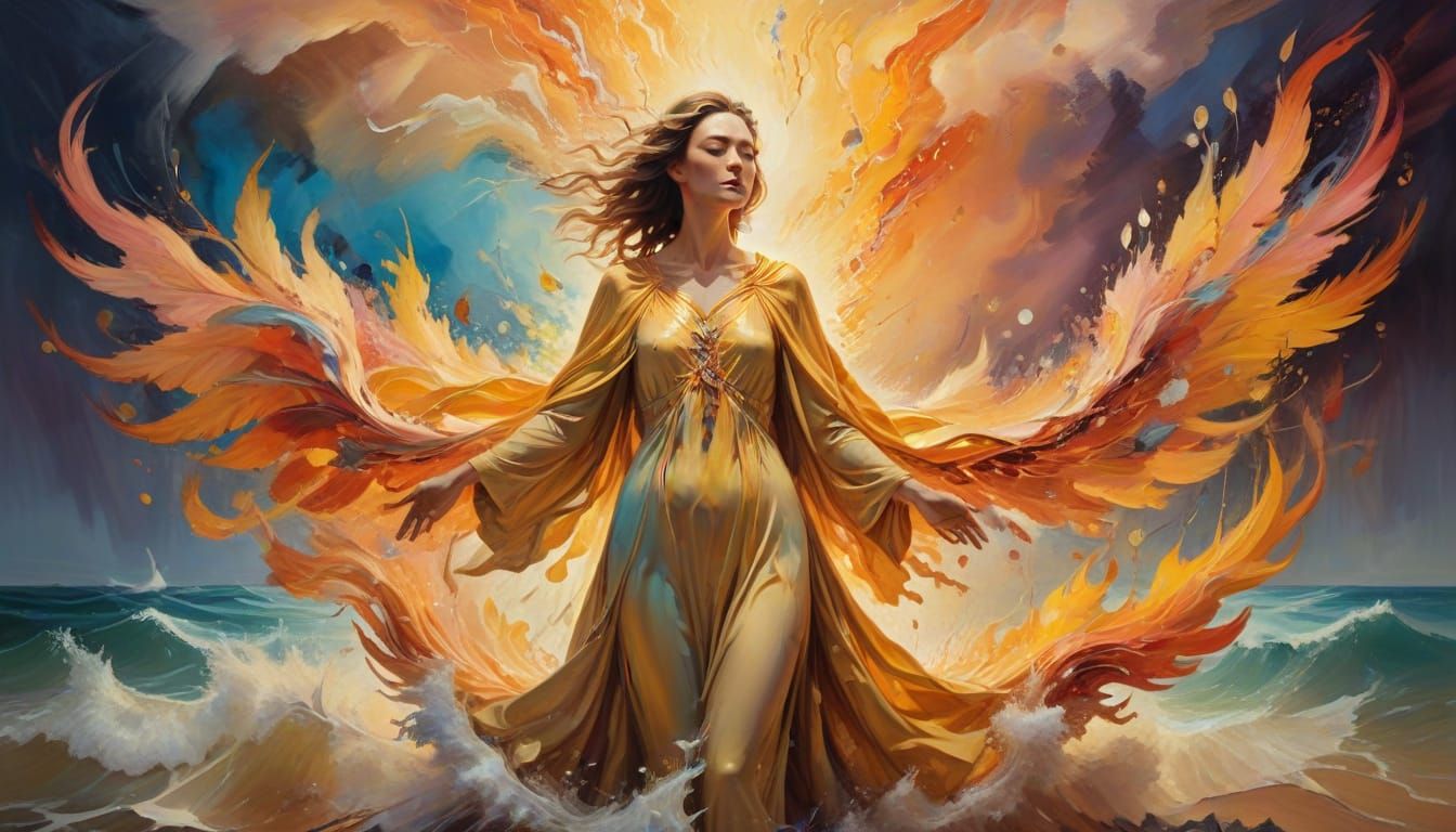 Surreal Woman Rises from Stormy Sea in Vibrant Oil Painting