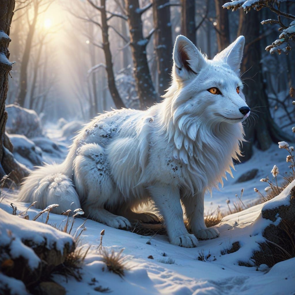Fantasy Snow Fox Carrying Hare in Tundra