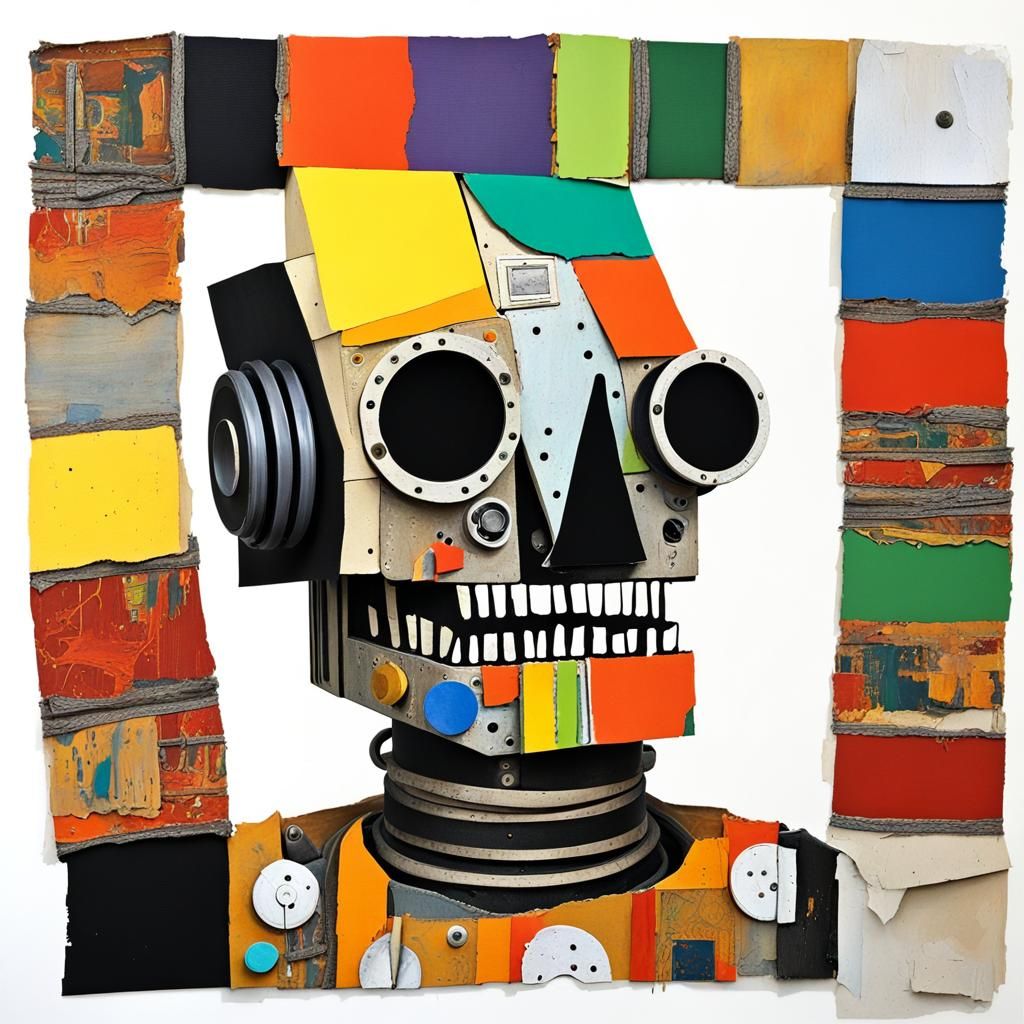 Abstract Folk Art Robot Portrait in Mixed Media