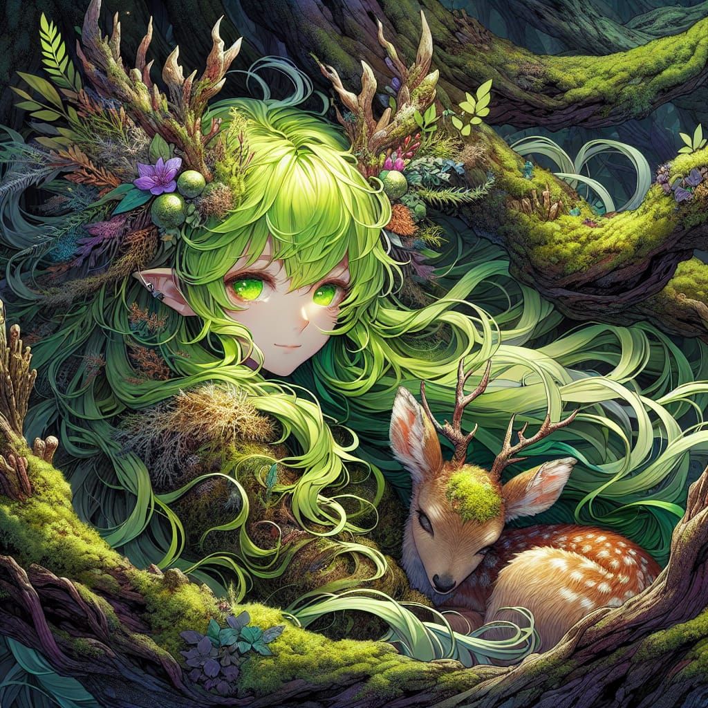 Anime Druid Girl with Deer in Fantasy Style
