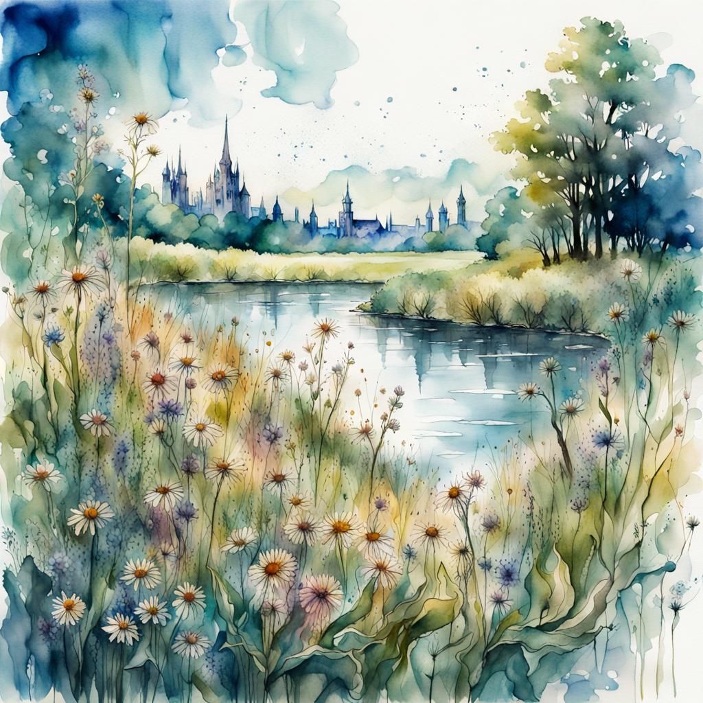 Watercolor Meadow Landscape with River and Wildflowers