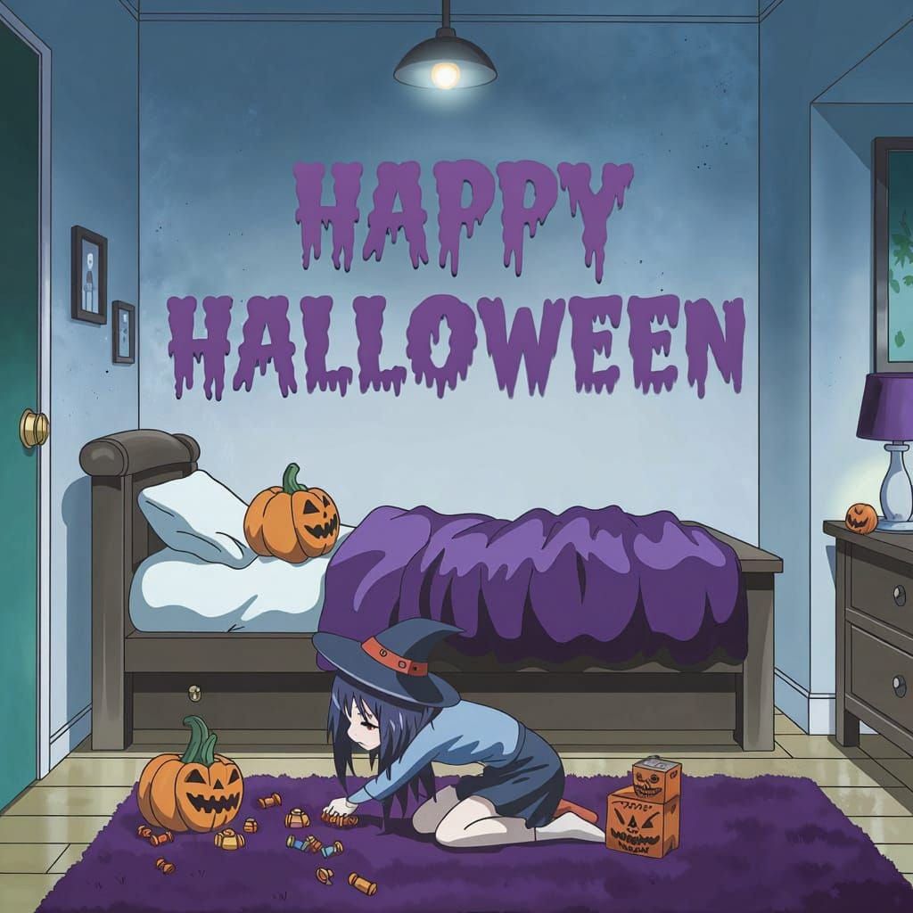 Witch Girl Sorting Candy in Goth Bedroom