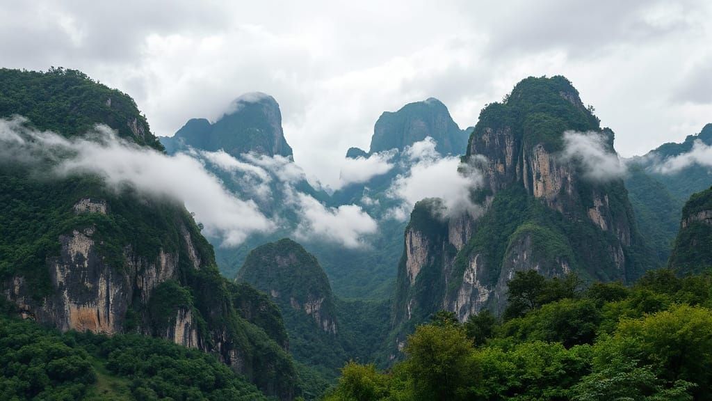Clouds over karst mountains in Yangshuo County, China