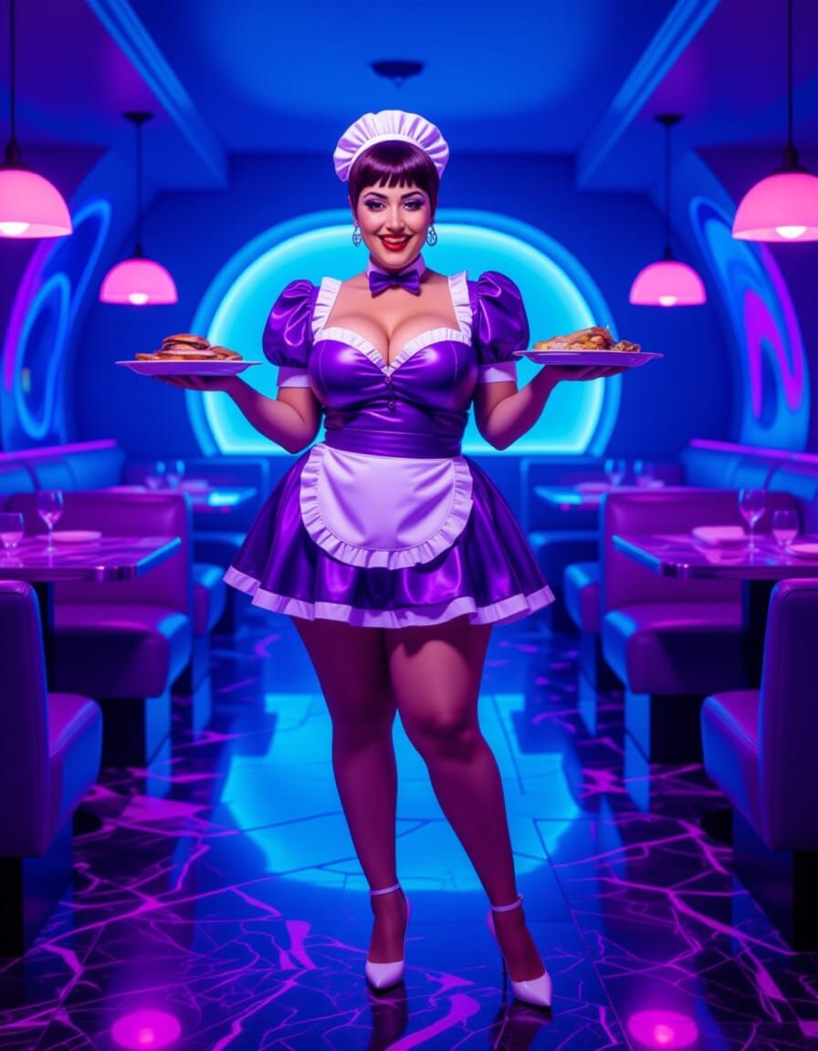 Egyptian Waitress in Futuristic Purple Restaurant