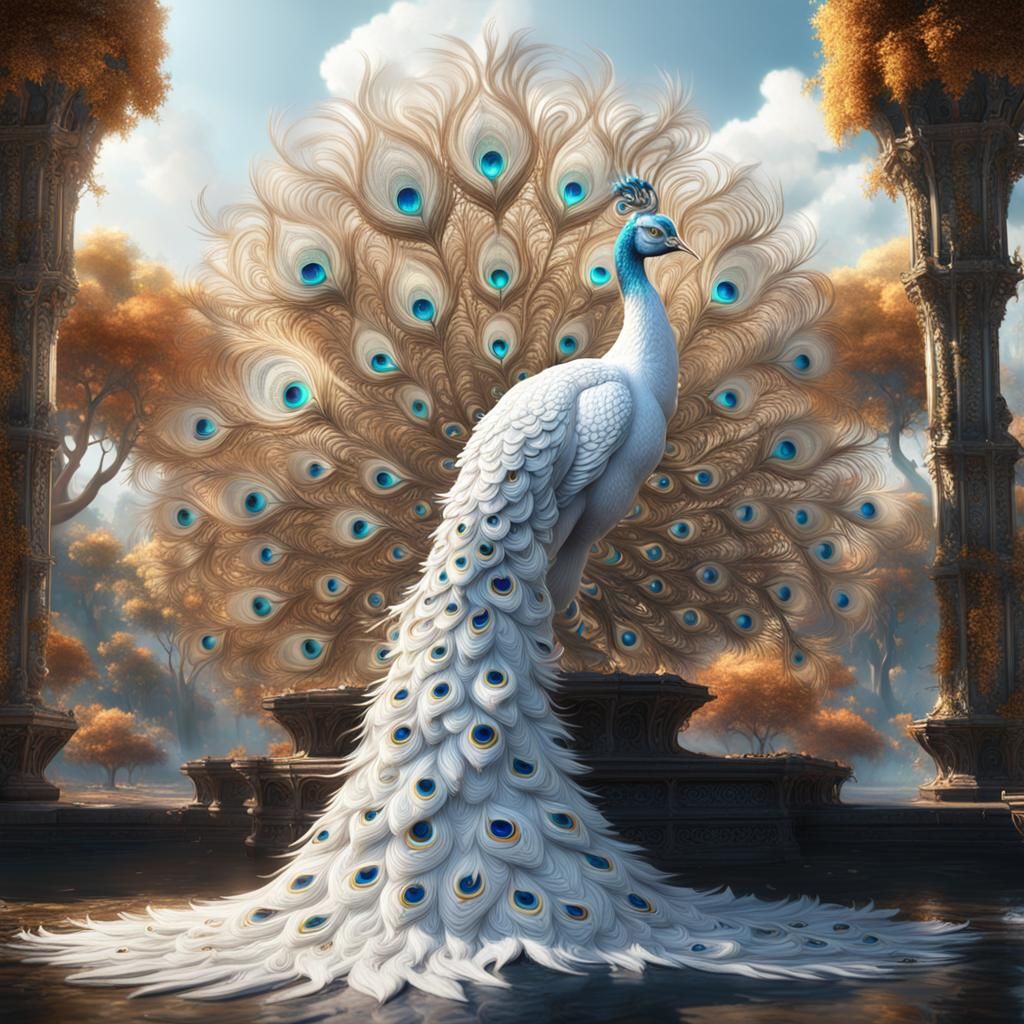 Ethereal White Peacock in Fantastical Landscape