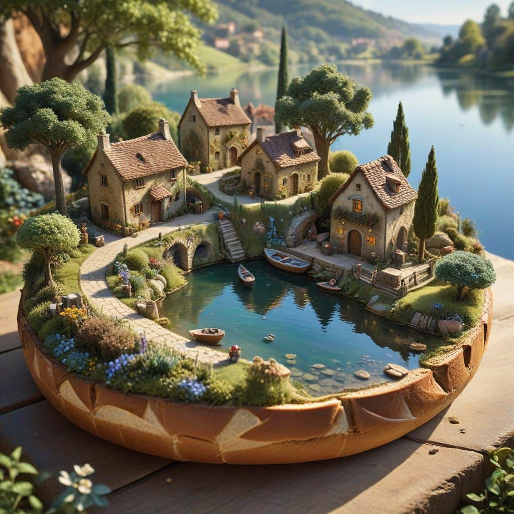 Miniature Tuscan Village Within a Rustic Loaf of Bread
