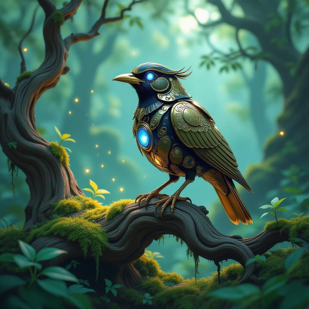 Mechanical Bird with Sapphire Eyes on Ancient Branch