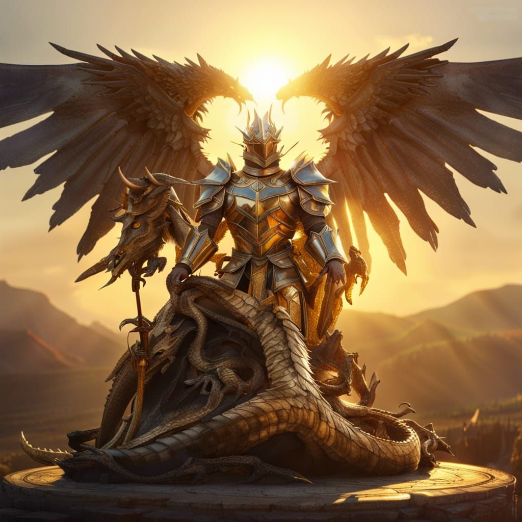 Knight with Angelic Wings Victory Over Dragon