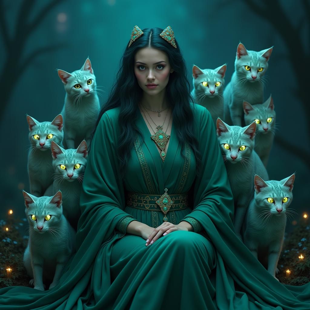 Ethereal Woman with Cats in Mystical Art Style