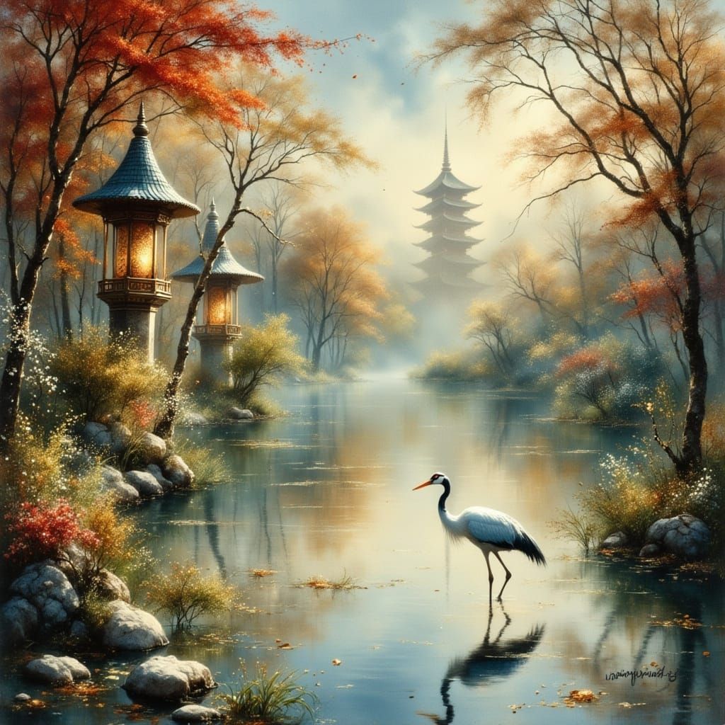 Crane in Temple Pond with Lantern Lighting
