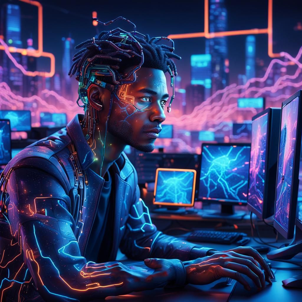 Machine Learning Engineer in Neon-Lit Cyberpunk Cityscape