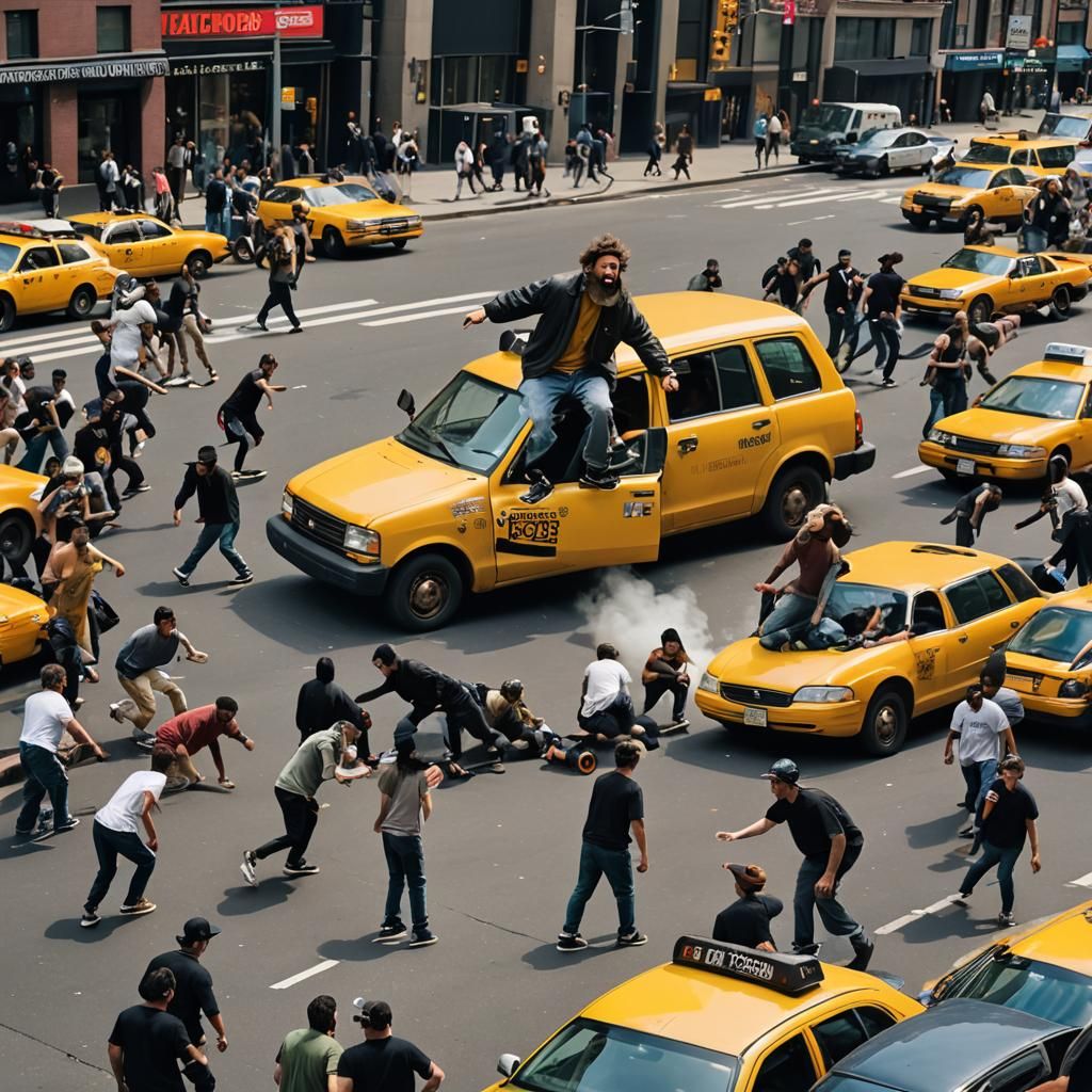 Skateboarder Car Surfing on Taxi in NYC Chaos