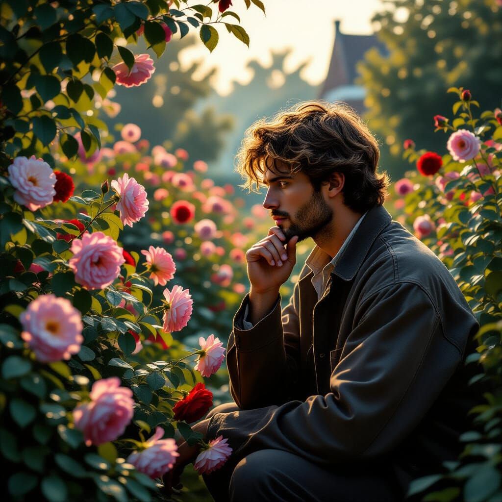 Young Man Contemplating Rose Garden at Dawn