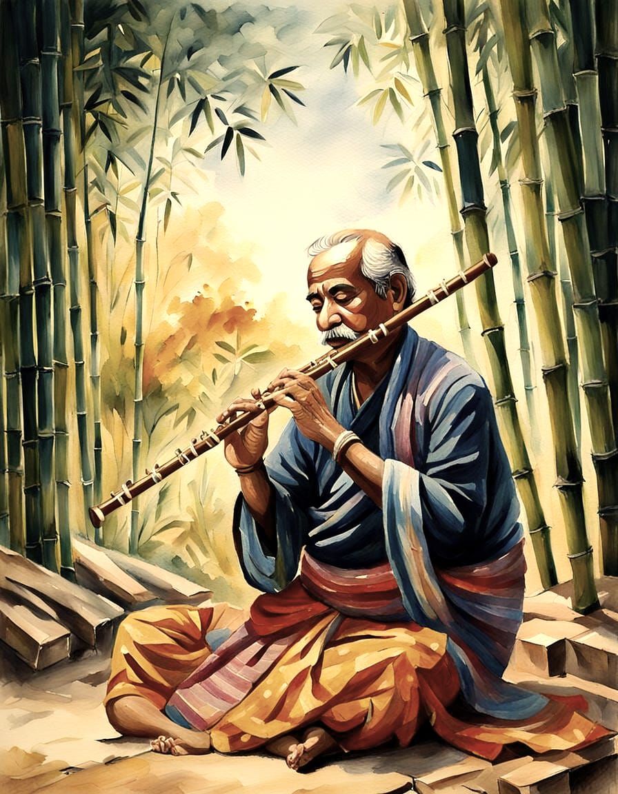 Hariprasad Chaurasia Plays Bansuri Flute, Anime Oil Painting