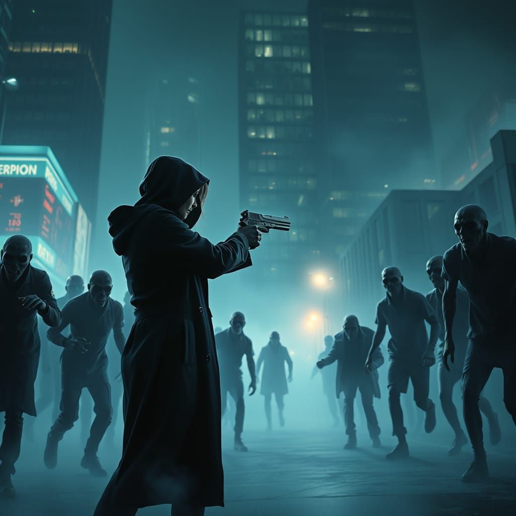 Woman Confronts Zombies in Foggy City Night