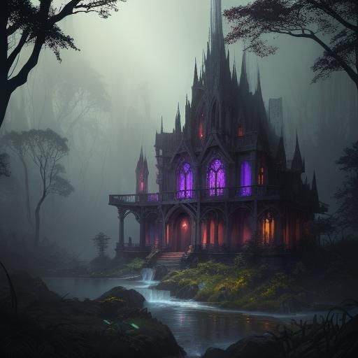 Eerie Elven Architecture in Faded Dark Fantasy Landscape