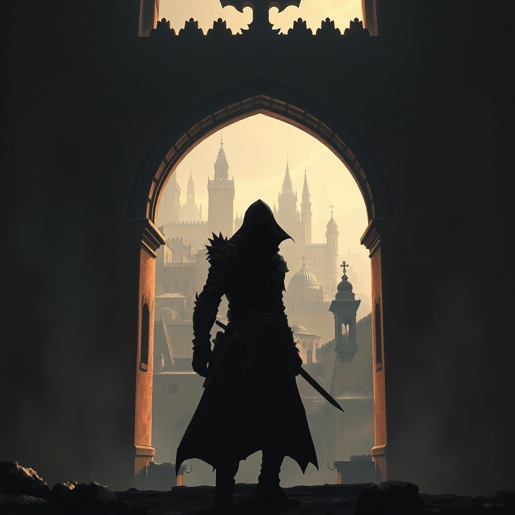 Thief Silhouetted Against Medieval Archway in Chiaroscuro St...