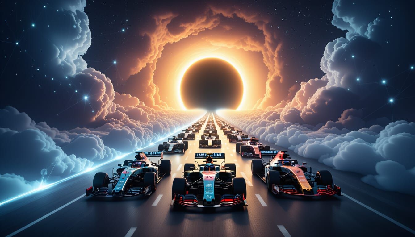 an endless row of beautifull racing cars (open prompt!)....