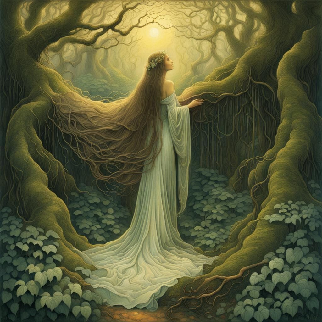 Ethereal Forest Woman in Golden Light