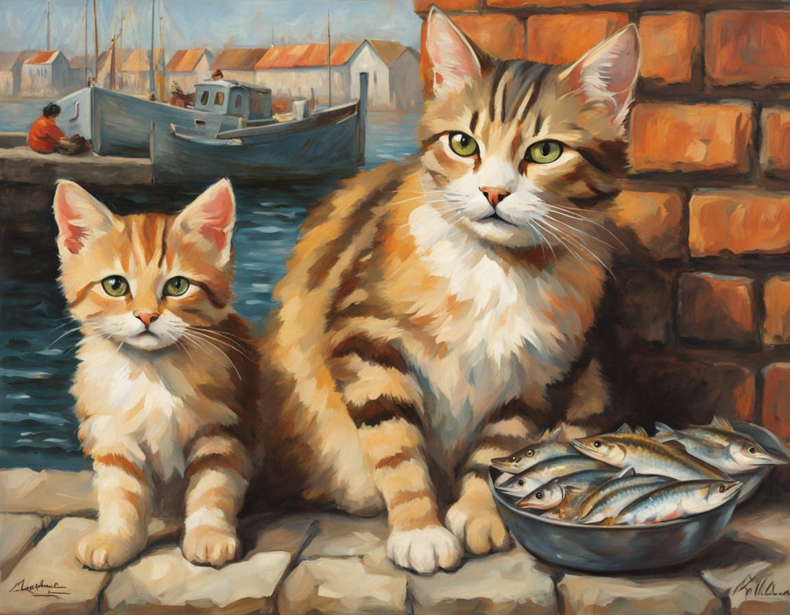 Tabby Cats Observe Fisherman in Impressionist Style