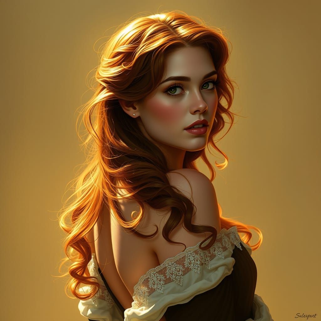 Elegant Auburn-Haired Woman in Art Nouveau Style