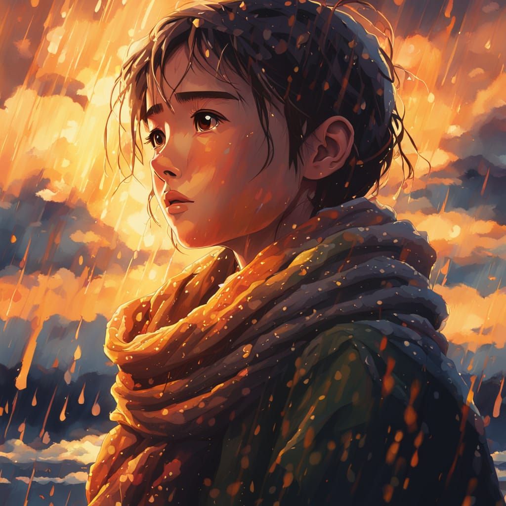 Emotional Anime Girl Sheds Tears in Vibrant Oil Painting