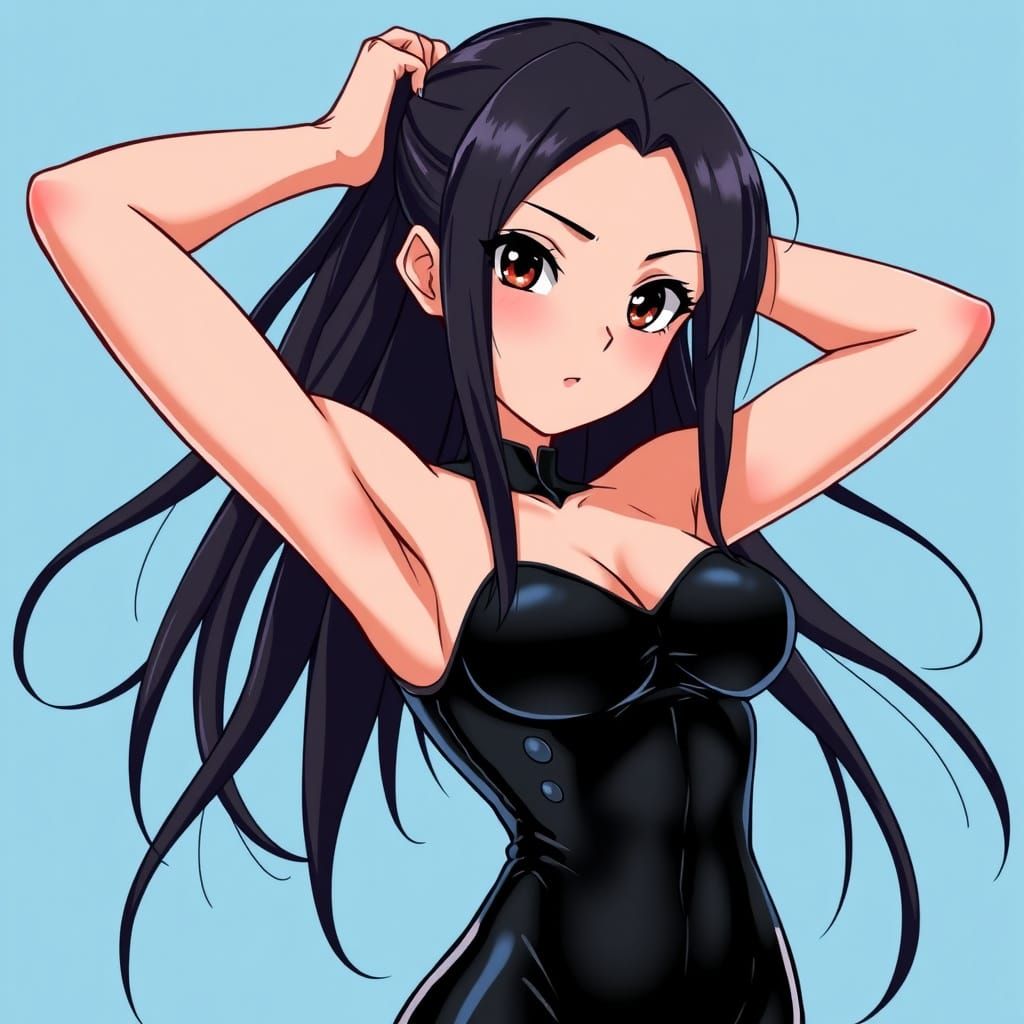 Anime Goddess in Shiny Black Latex Suit