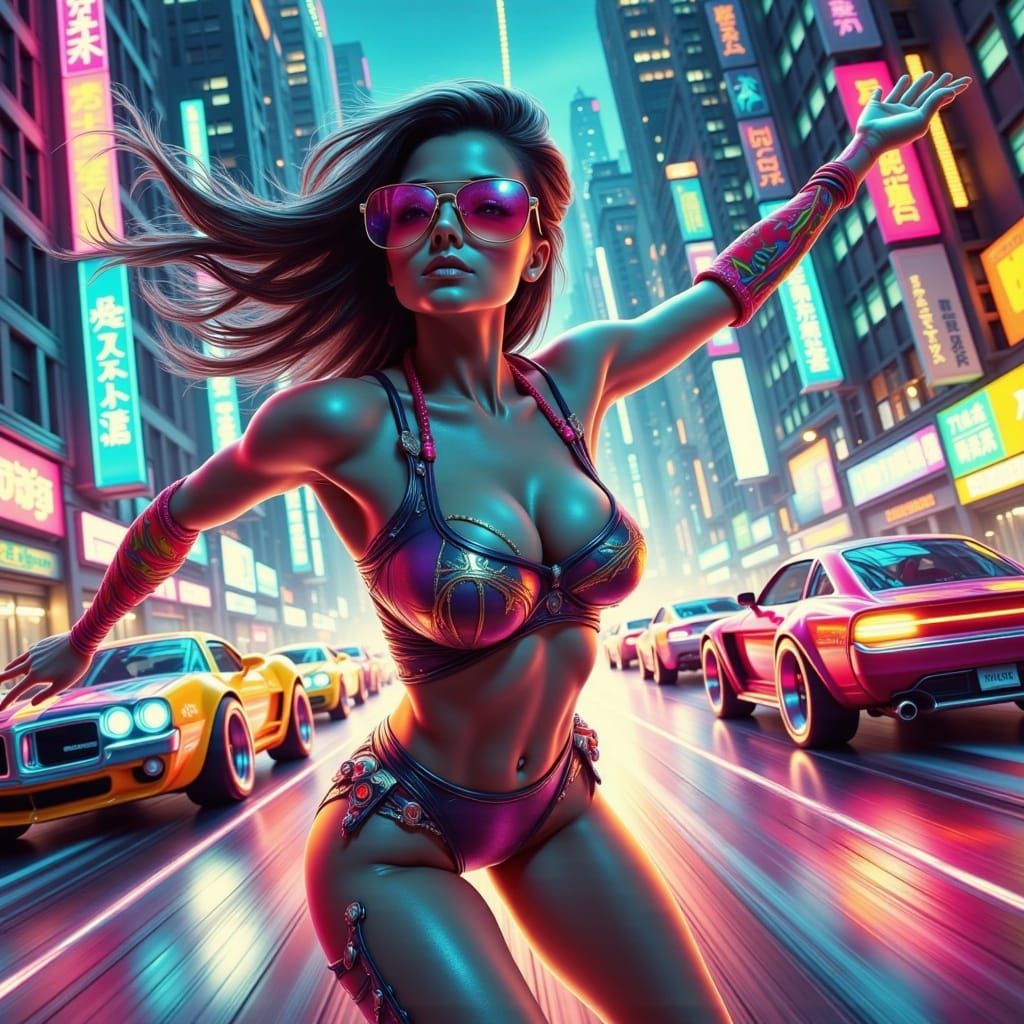 Cyberpunk Street Racers Speed Through Neon City
