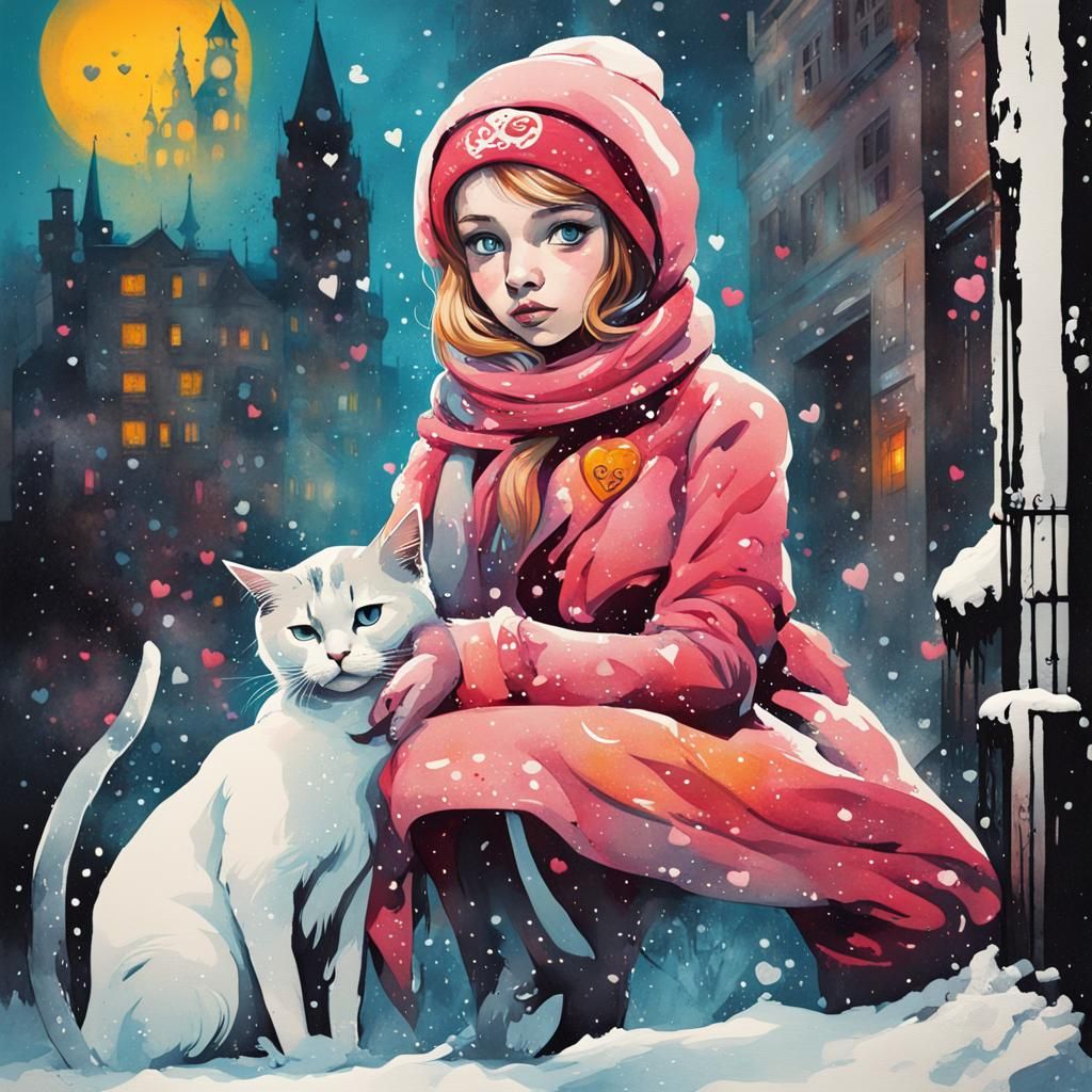 Princess with Cats: Vintage Winter Screenprint
