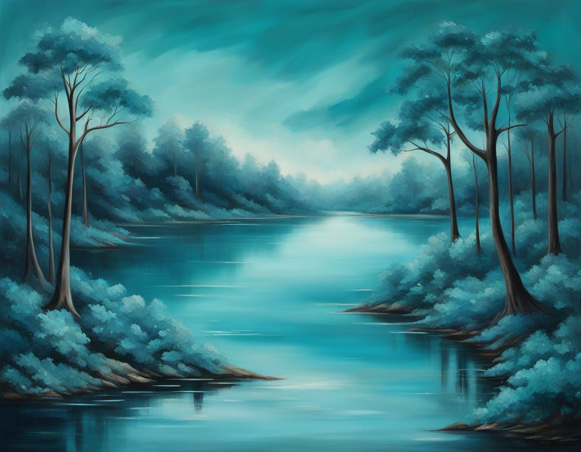 Surreal Teal Abstract Painting in Tonalism Style