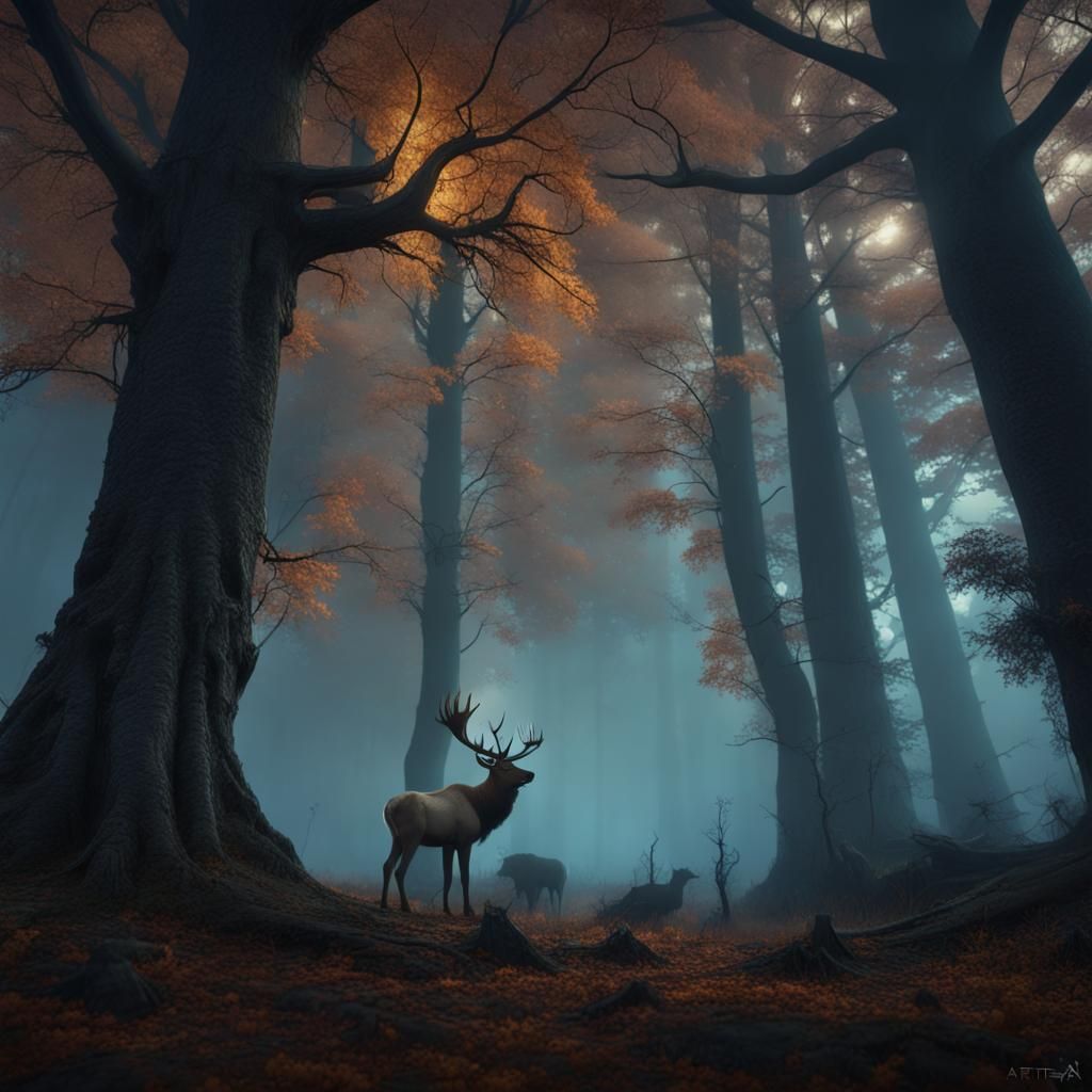 Elk in Moonlit Autumn Forest: Matte Painting