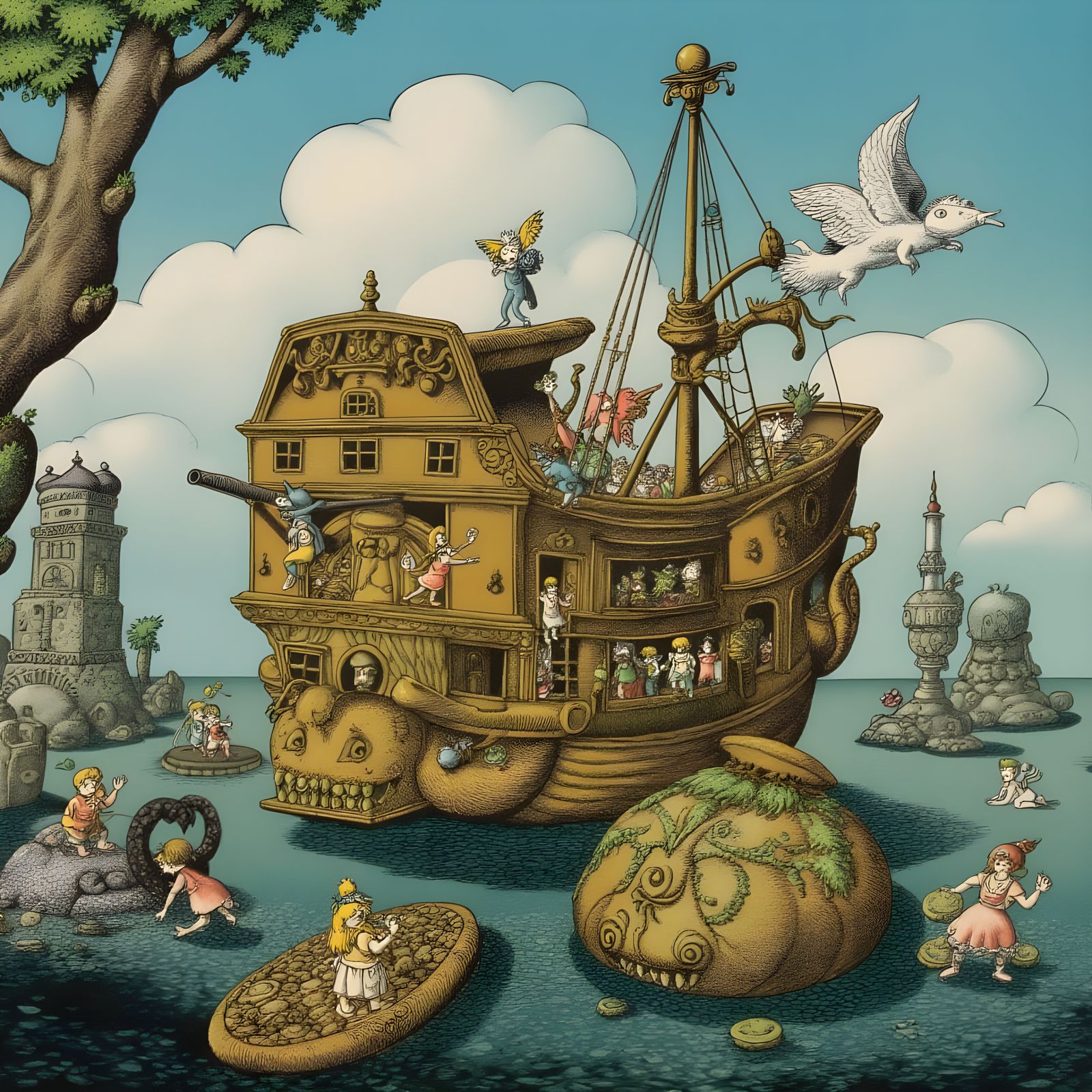 Surreal Ship Eats Cookies in Dreamlike Style