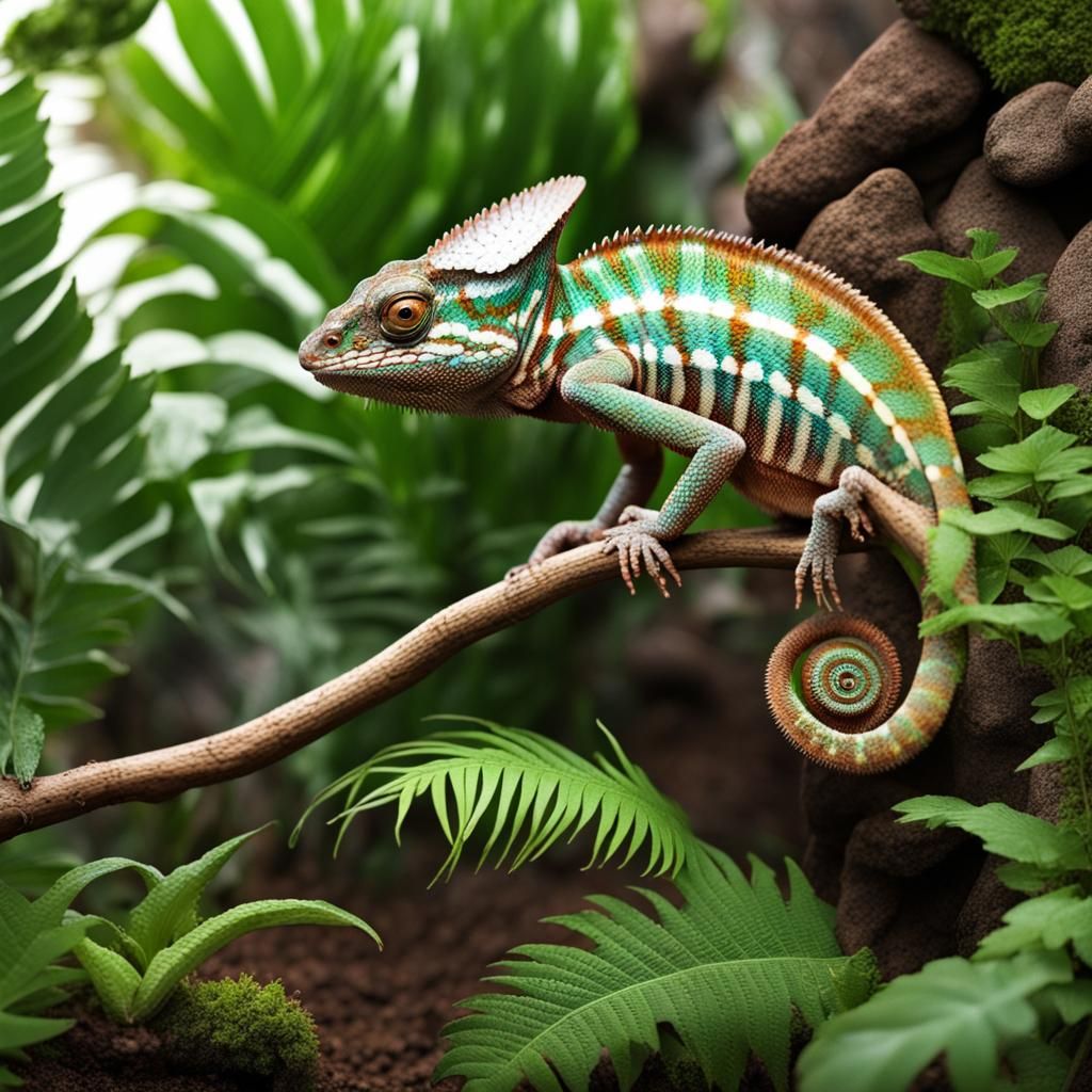 Chameleon Thriving in Lush Habitat Terrarium