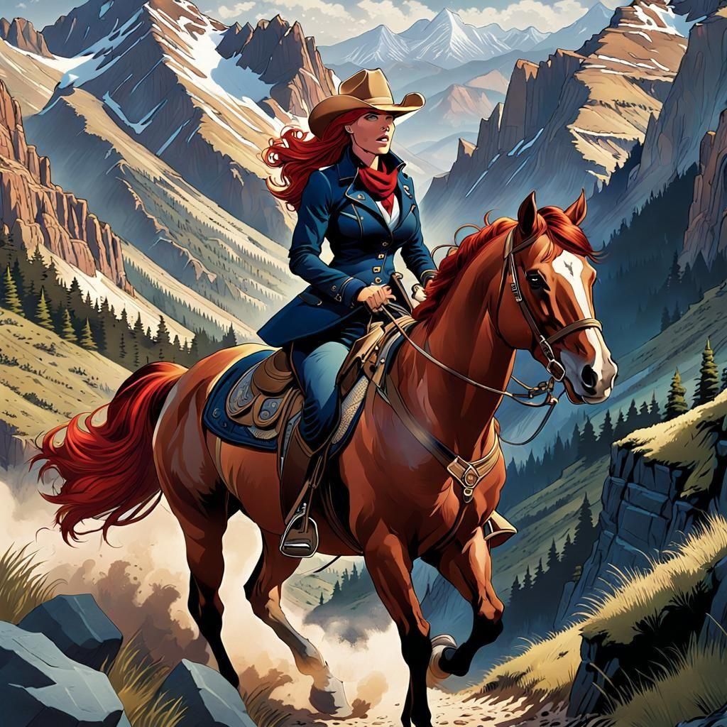 Woman with Red Hair Rides Horse in Comic Art Style