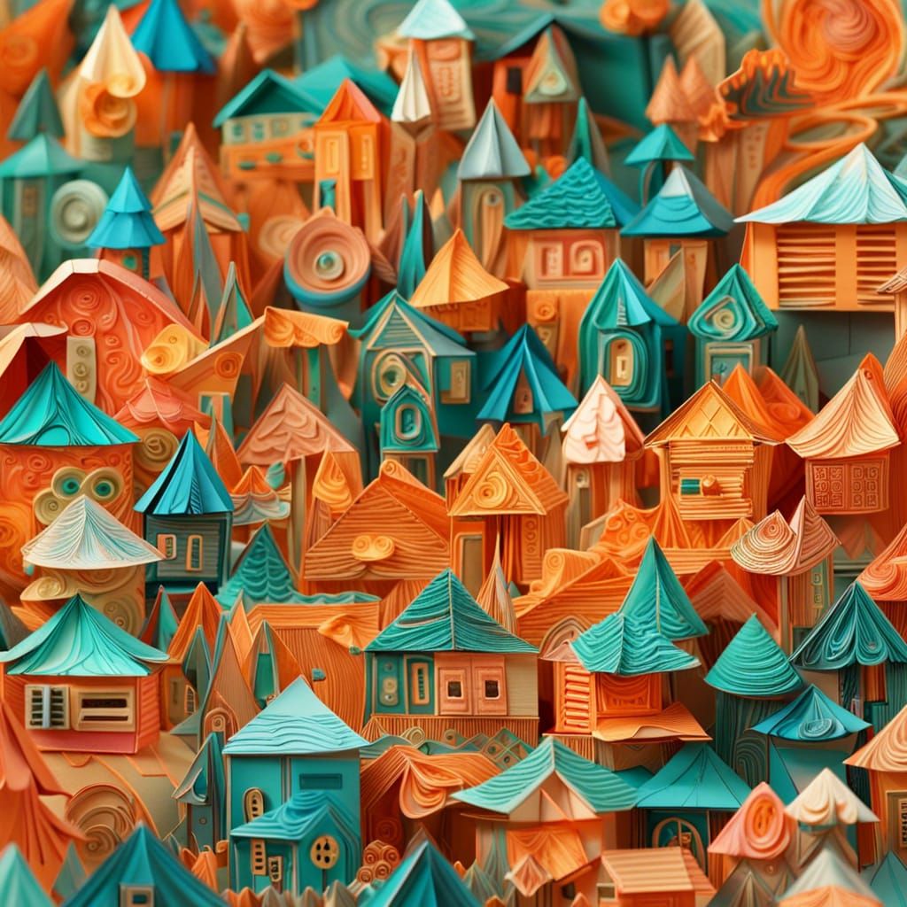 Colorful Quilled Village in Orange and Teal
