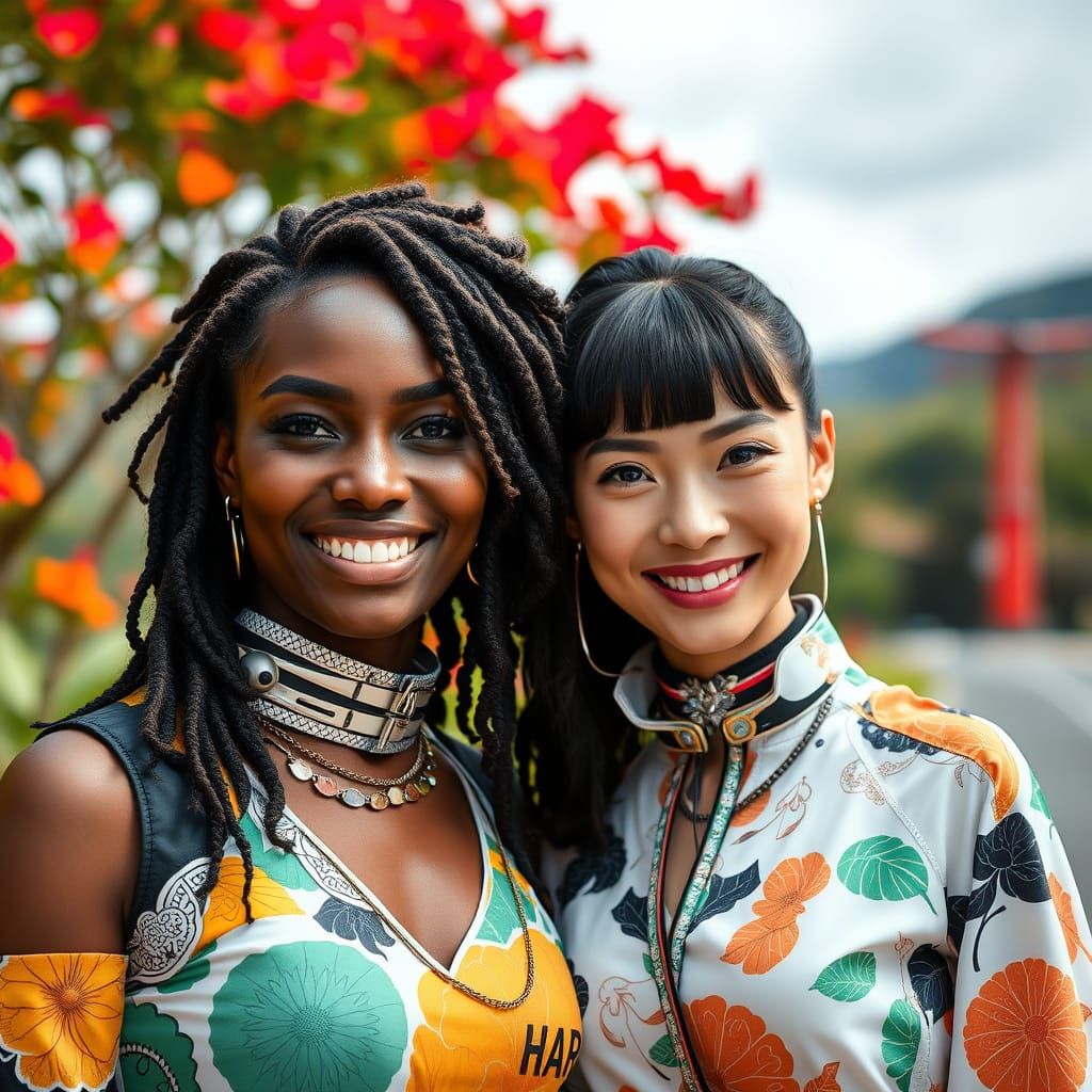 Smiling Women in Futuristic Streetwear, Okinawa Landscape