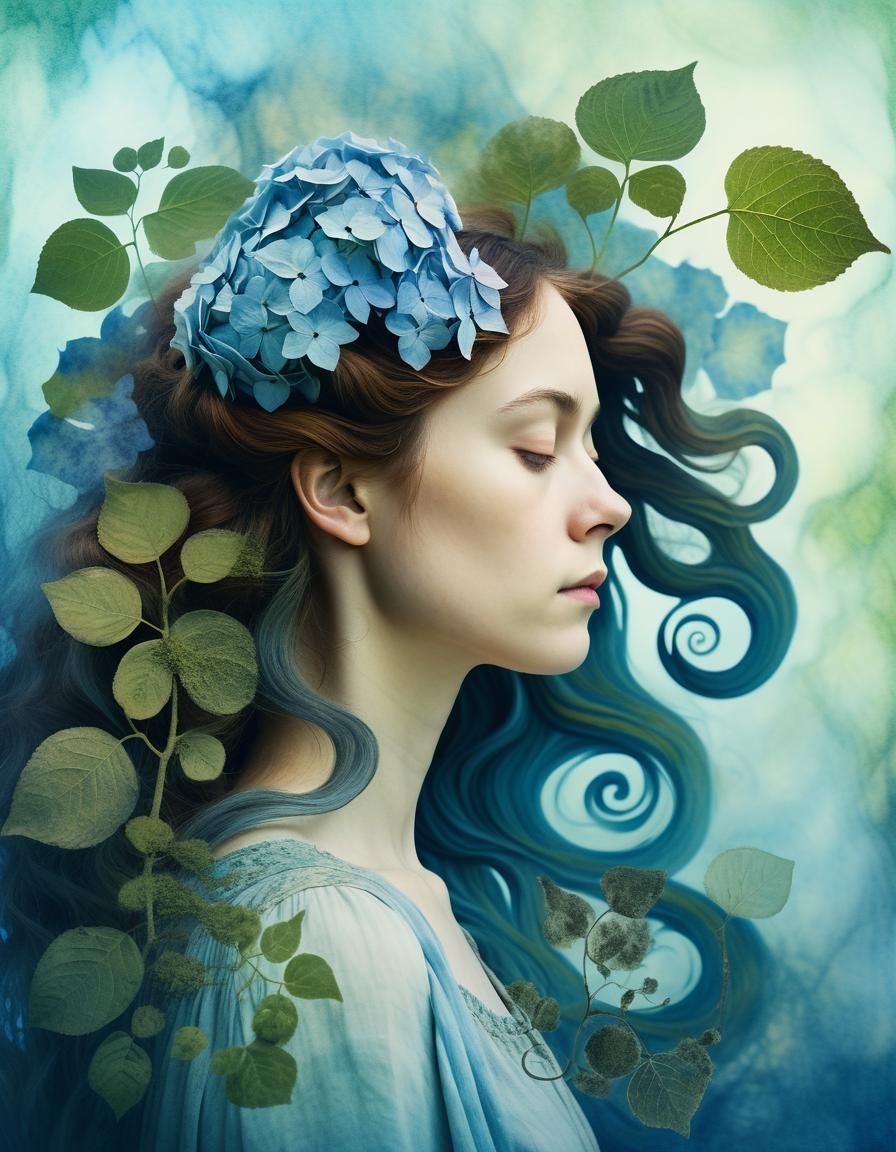 Ethereal Woman in Pre-Raphaelite Style Double Exposure