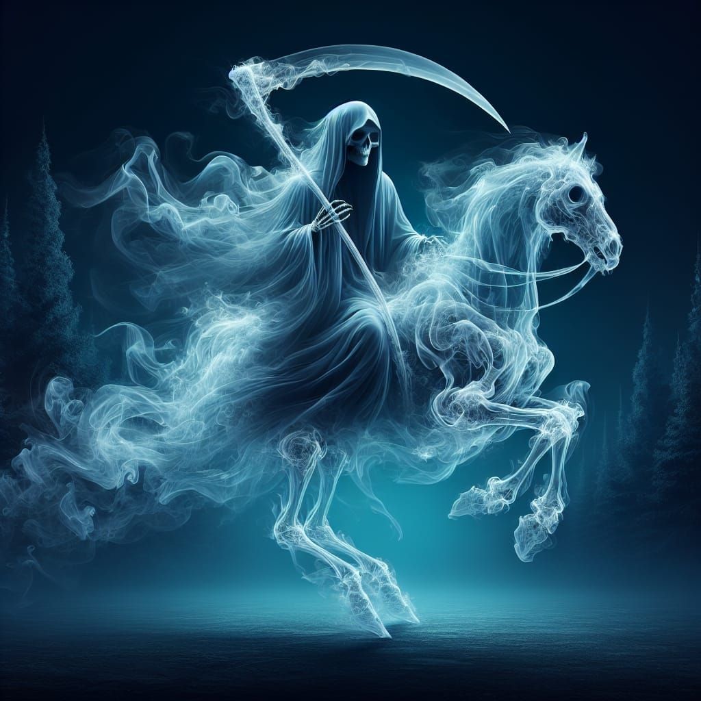 Ethereal Grim Reaper Rides Through Enchanted Forest