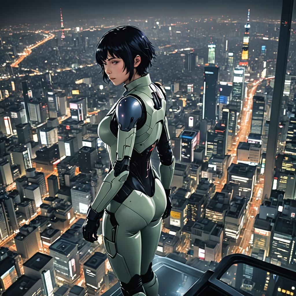 Kusanagi Motoko, watching from the top of SKYTREE, in the Tokyo night, looking for emergency occurrences that require he...