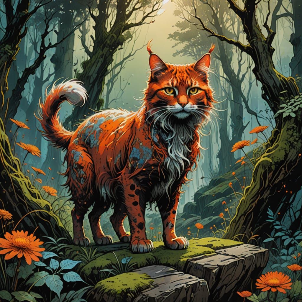 Whimsical Feline Enchantress in Dreamlike Forest