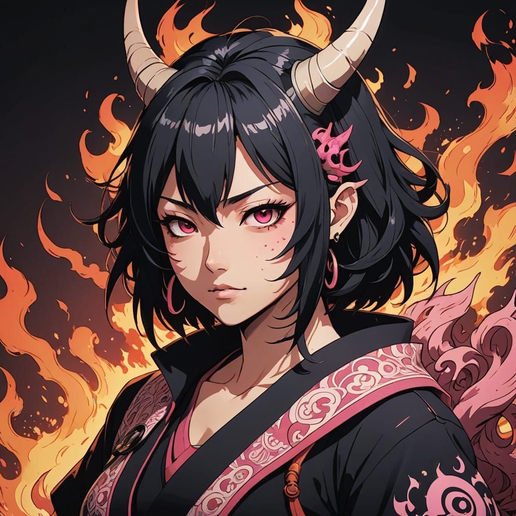 Vibrant Oni College Girl with Hellfire Shirt
