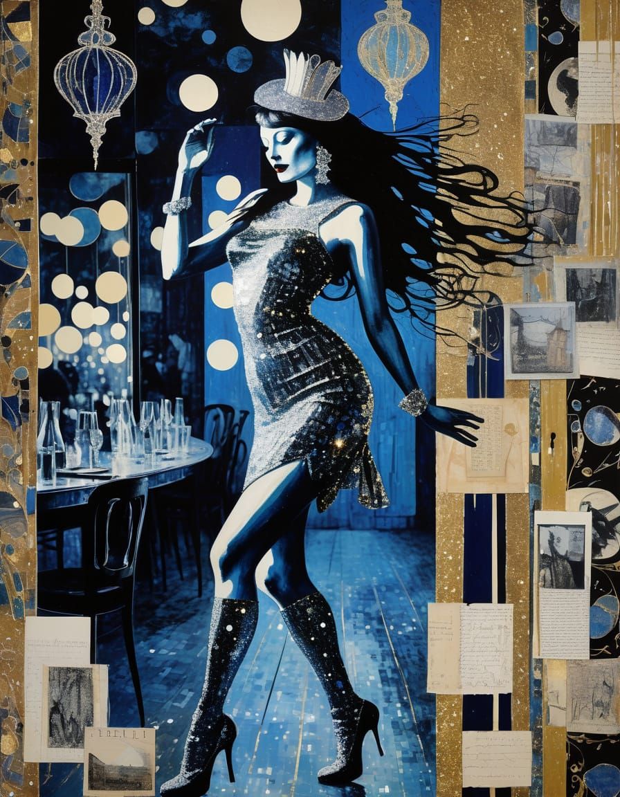 Glamorous Showgirl in Glittering Nightclub Collage