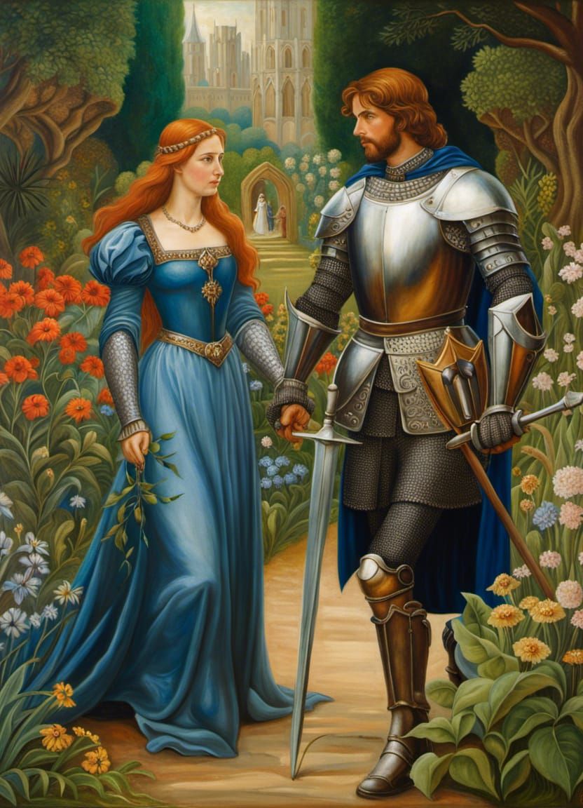 Ethereal Medieval Garden Scene in Pre-Raphaelite Style
